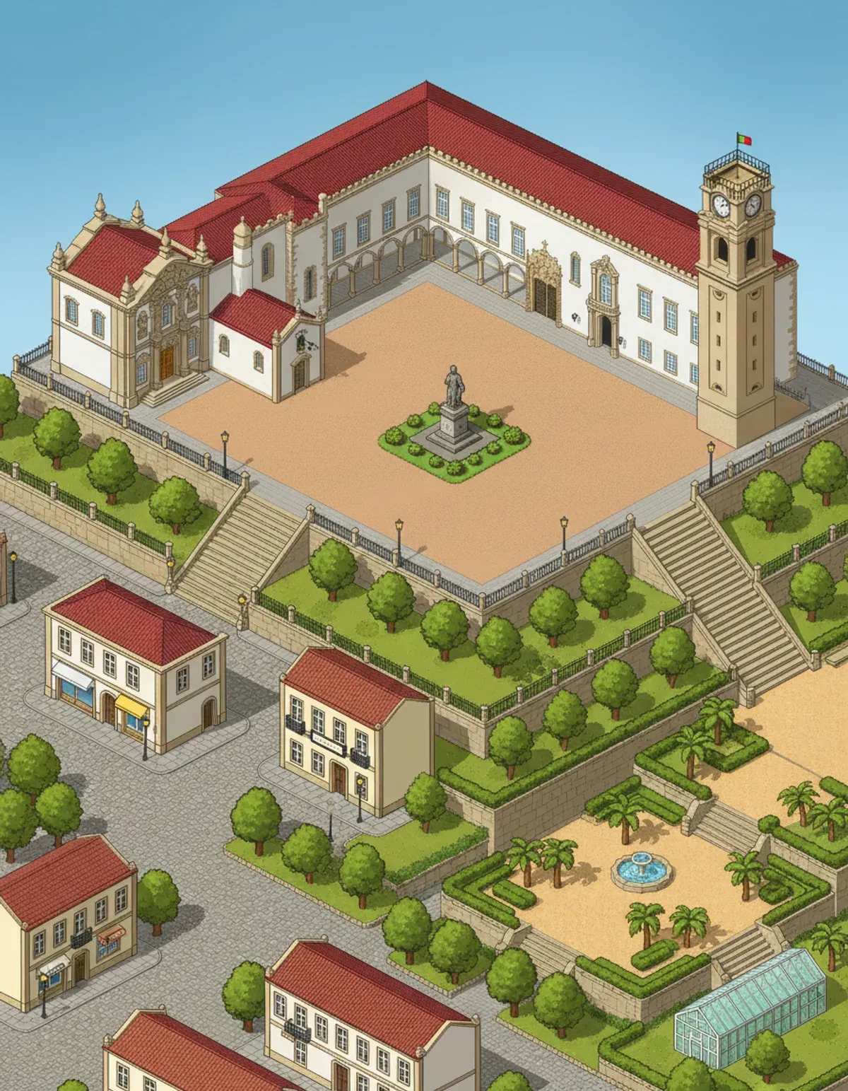 Pixel-art view of the University of Coimbra from the Space of Knowledge game: the Paço das Escolas courtyard, the clock tower and the gardens below.