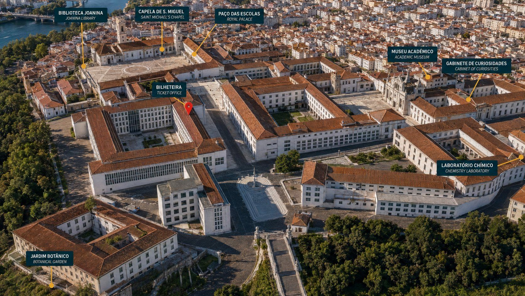Map of the University of Coimbra hilltop with the main visitable buildings labelled: Joanina Library, St Michael's Chapel, Royal Palace, ticket office, Academic Museum, Cabinet of Curiosities, Chemistry Laboratory and Botanical Garden.
